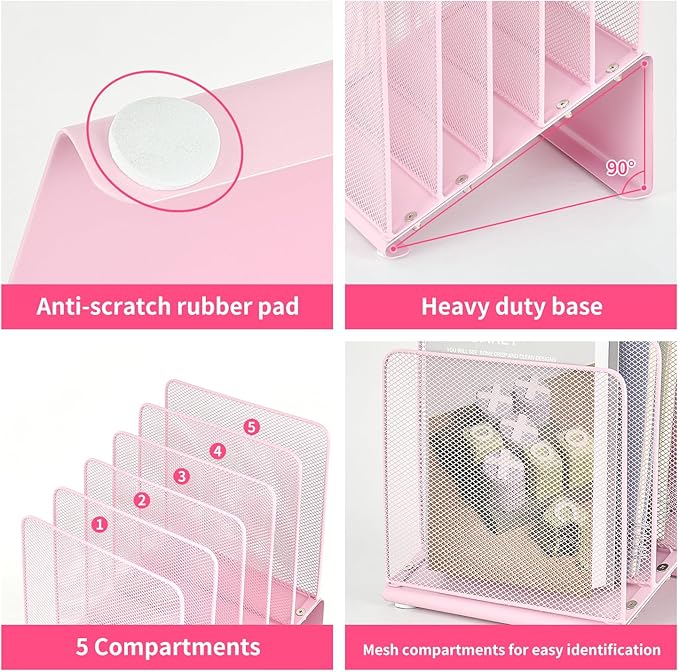 LEKETREE File Organizer for Desk, Desk Organizer with 5-Section Vertical File Rack, Folder Organizer,Workspace Organizers (Pink)