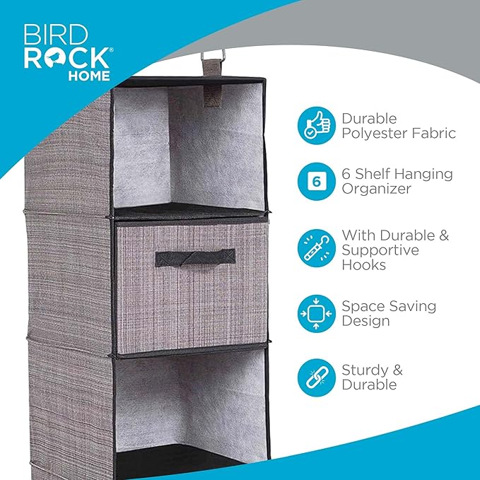 Internet's Best Hanging Closet Organizer with Drawers | 6 Shelf | 3 Drawers | Clothing Sweaters Shoes Accessories Storage | Grey