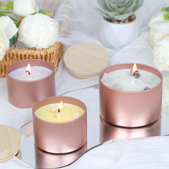 CONNOO 24 Pack Candle Tins, 12pcs 8 OZ & 12pcs 4 OZ Rose Gold Jars with Metal Wood-Grain Lids, Bulk Empty Containers for Candle Making, Wick Kit Included