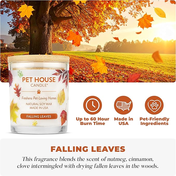 One Fur All Pet House Fall Candles, Long Lasting, Clean Burning, Soy Wax Scented Candles for Pet Odor, Falling Leaves