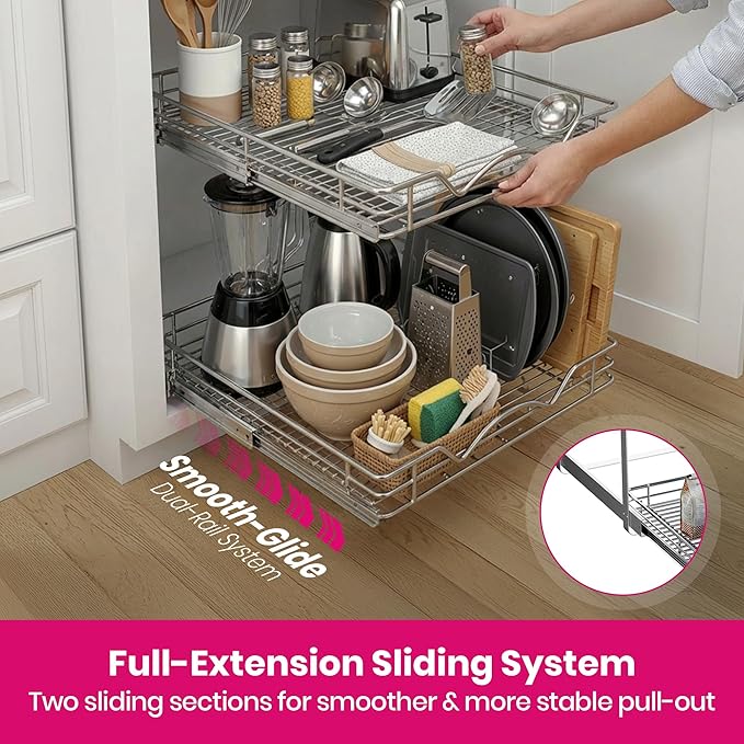 2-Tier Pull-Out Cabinet Organizer with Heavy-Duty Steel Frame, Full-Extension Sliding Shelves, Holds 100 lbs, Easy Install for Kitchen, Pantry & Under Sink Cabinets, 8" W x 21”D x 16.5" H
