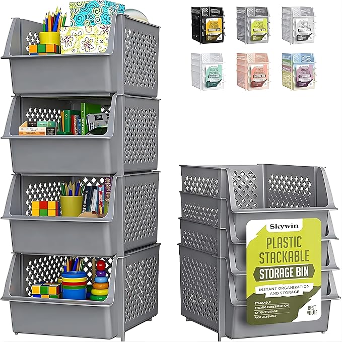 TidyFriend 4 Pack Stackable Storage Bins Open Front for Pantry Organizers and Storage, Plastic Storage Bins for Garage Organization, Garage Storage Bins for Shelves, Racks, Tools & Supplies (Grey)