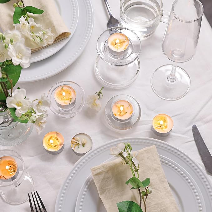 16 Pcs Jasmine Scented Tealight Candles, 6H Long Burning - 100% Palm Wax Based Scented Tea Lights with Dried Flowers, Non-Toxic/Smokeless Scented Tea Lights Candles for Spa, Bath, Wedding