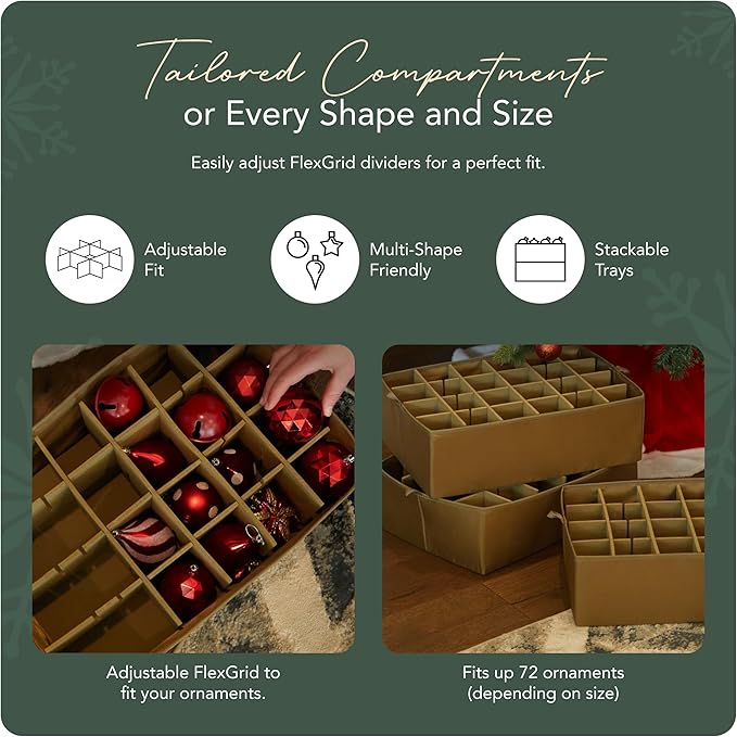 Covermates Keepsakes Adjustable Ornament Storage Bag – Heavy-Duty Polyester, Padded Dividers & FlexGrid Trays – Protective Holiday Ornament Organizer with Handles & Label Window, Green
