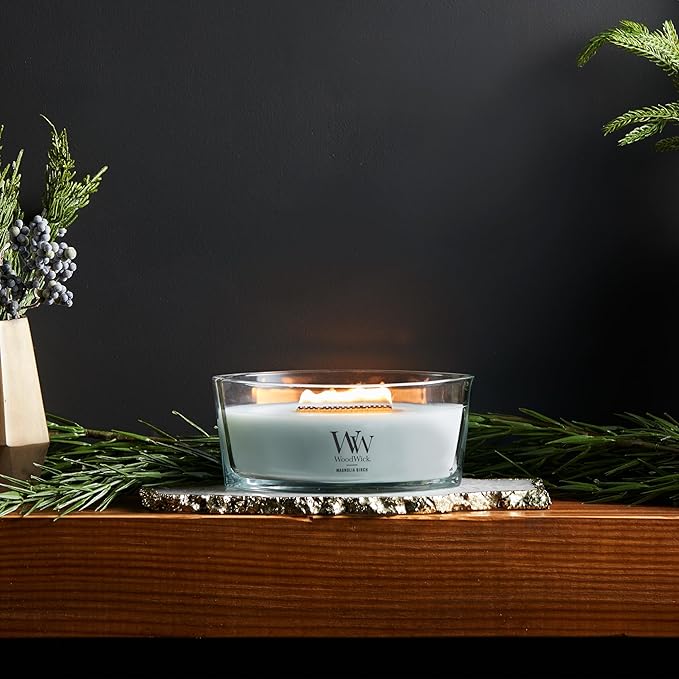 WoodWick Magnolia Birch Holiday Candle Gifts for Women and Men, 16 oz Ellipse Candle with Crackling Wick