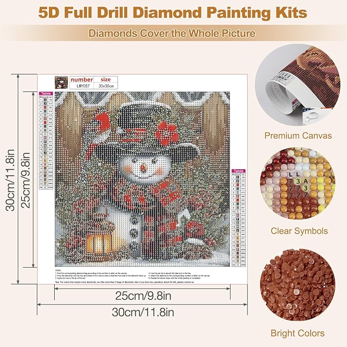 MEIYUDA Christmas Snowman Diamond Painting Kits for Adults, 5D Vintage Snowman Diamond Art Kits for Beginners, DIY Gem Art Crystal Painting for Home Wall Decor and Present 12x12inch