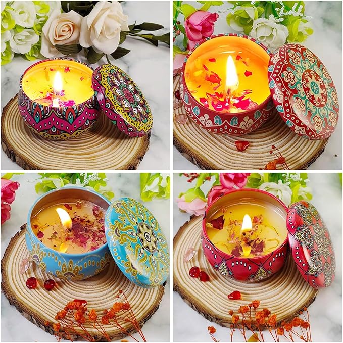 Oungy 24 PCS Candle Tins with Lid 4.4 oz Empty Candle Jars with Flower Pattern Round Metal Candle Containers with Lids for Candle Making DIY Arts and Crafts Small Item Storage