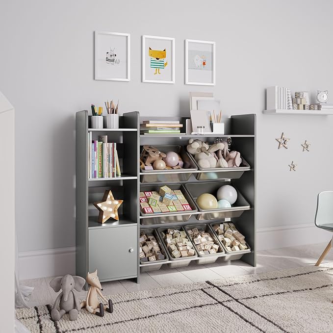 Sturdis Toy Storage Organizer with Bookshelf, Kids Playroom Organization Shelving Unit with Removable Storage Bins & Safety Anti-Tip Bracket, Gray