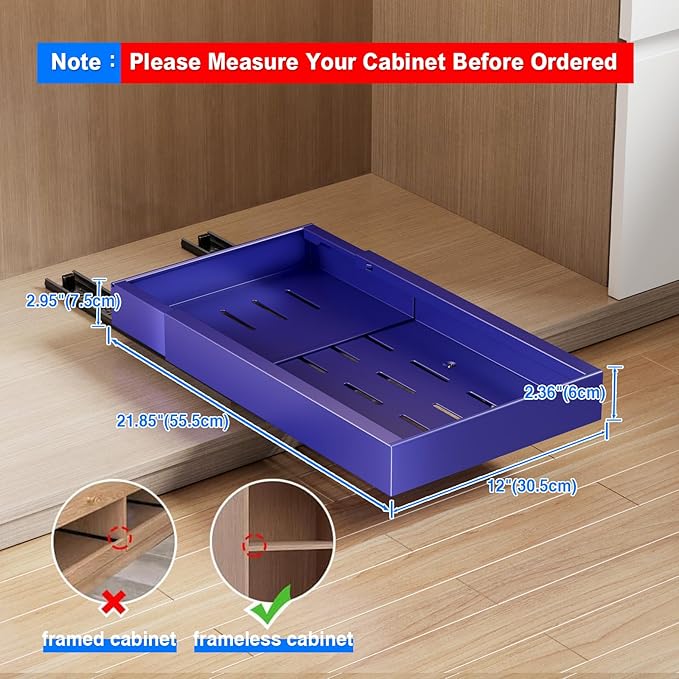 Mustorn 2 Pack Pull Out Cabinet Organizer,21.8" Deep Slide Out Drawer for Cabinets Adhesive Pull Out Drawers Heavy Duty Pull Out Shelves for Kitchen,Cupboard,Pantry,Bathroom-Blue
