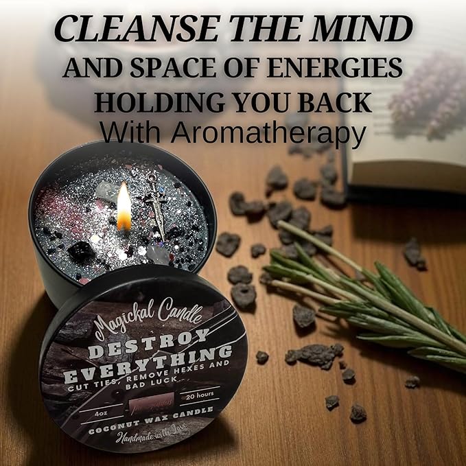 Destroy Everything Spiritual Candle to Cut Ties, Remove hexes and Bad Luck | Energy Cleansing | Soy Candles Non Toxic | Sage Candle | Cleanse Your Home & Calm and Relax (Small 4oz)