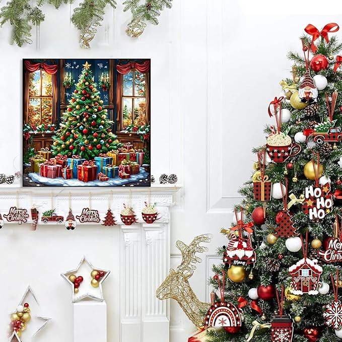 Accompany Wind Christmas Diamond Art Kits for Adults, Christmas Tree Diamond Painting Kits, 5D Round Full Drill Winter Diamond Art Crafts for Home Wall Decor Gifts 14x14 Inch