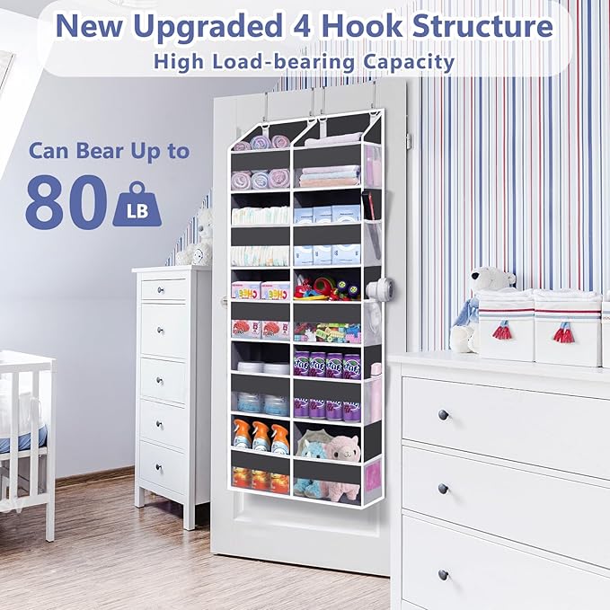 Heavy Duty Over The Door Organizer 5 Tiers, Extra Large Behind Door Storage of 10 Front & 10 Mesh Pockets, 80lb Weight Capacity, Hanging Doors Storage for Closet Bedroom Nursery, Dark Gray