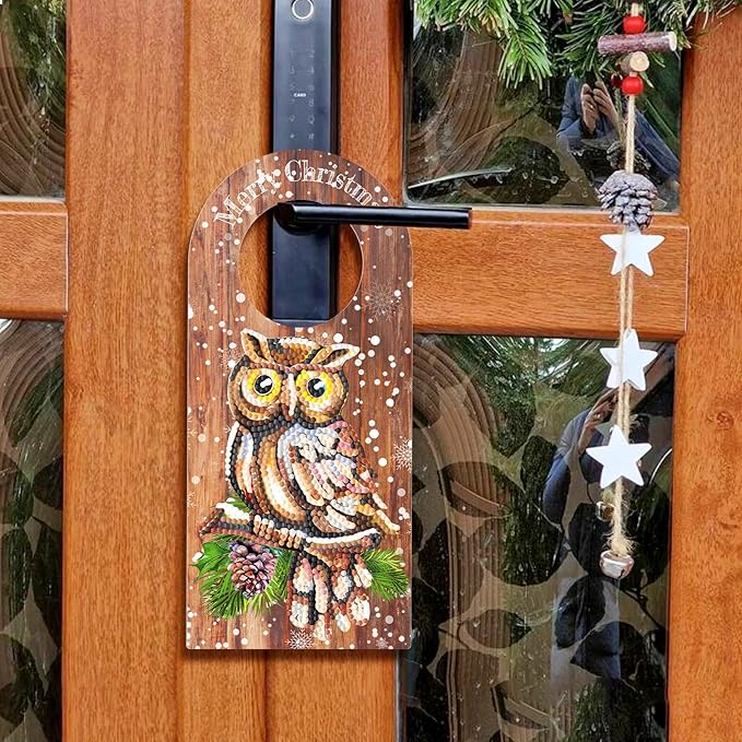 Owl Diamond Art Painting Christmas Door Knob Hanger Signs DIY Kits 5D Diamond Art Wood Christmas Door Handle Hanging Ornaments Special Shaped Rhinestones Paint by Number Stitch Room Front Door Decor