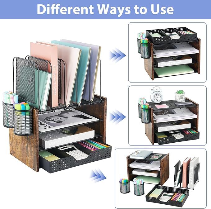 AUPSEN Desk Organizer with 5 Vertical File Holders, Storage Drawer & 2 Pen Holders, 5 Trays Paper Letter Tray Organizer, Mesh Desk Organizers and Accessories for Home Office (Vintage Wood)