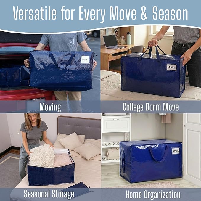 VENO 8 Pack Extra Large Heavy Duty Moving Bags with Wide Opening & Reinforced Handles, Reusable Storage Tote Bags with Strong Zippers for Clothes, College Dorm Essentials & Moving Supplies