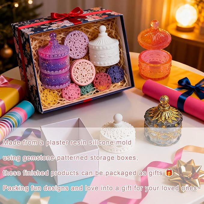 1 Pc Exquisite Silicone Resin Jar Mold Silicone Storage Box Mold with Lids for DIY Epoxy Casting Crafts Cement Concrete Jewelry Storage Boxes Candy Jars Candle Holder Home Decorations Gifts