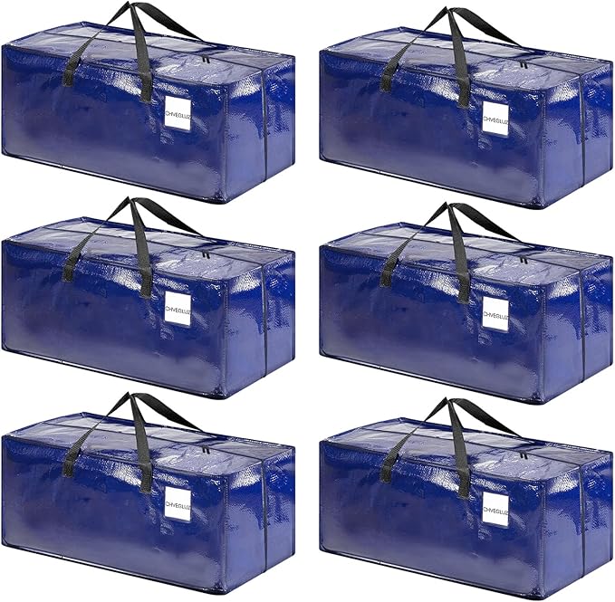 CHVEGLUZ 6 Packs Moving Bags Heavy Duty Extra Large,Storage Bags with Zipper&Handles, Sturdy&Durable Clothes Storage Bags Totes for College Dorm Essentials, Moving Boxes for College Supplies, Blue