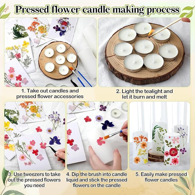 MTLEE 24 Pack Dried Pressed Flower Candle Painting Kit 6 White Pillar 6 Dried Pressed Flower 10 Tealight Candle Tweezer Brush for Galentines Girls Night Birthday Wedding Party DIY Crafts(4 Inch)