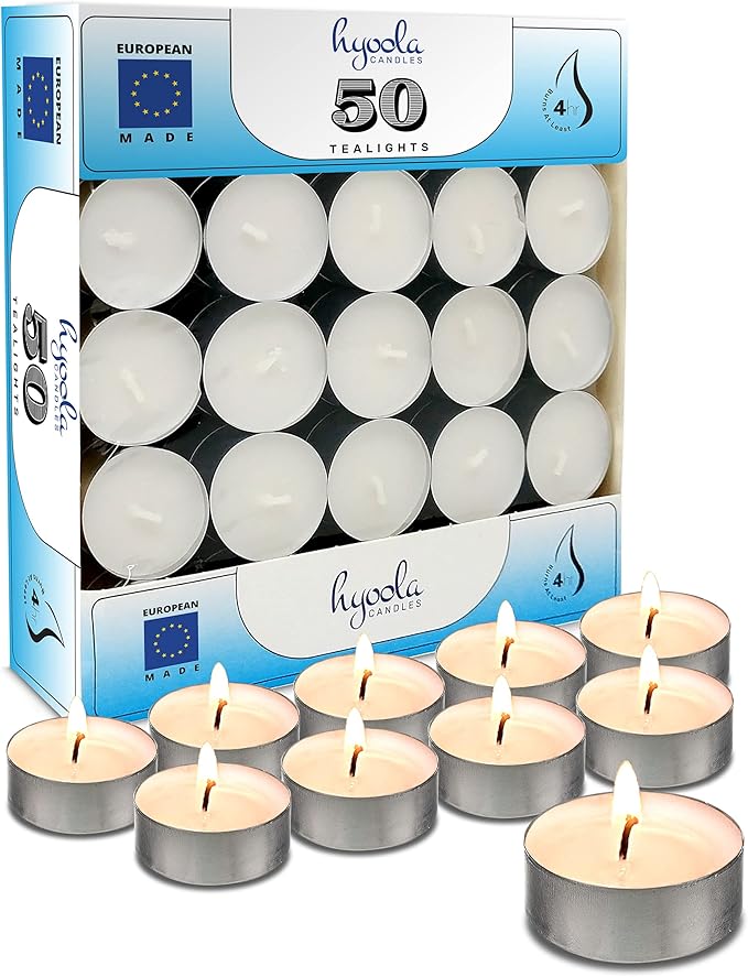 Hyoola Tea Lights Candles - 50 Bulk Candles Pack - Natural Palm Oil Tea Light - European Quality White Unscented Tealight Candles - 4 Hour Burn Time