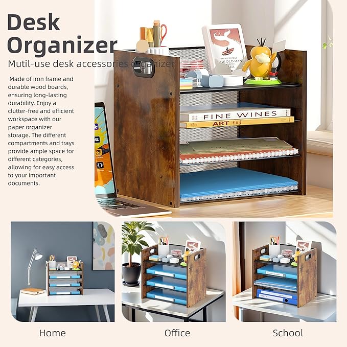 Wood Desk Organizer - 4-Tier Desktop File Organizer, Wooden Paper Organizer, Office Desk Organization for Accessories, Papers, Mail, Notebooks, Stationery