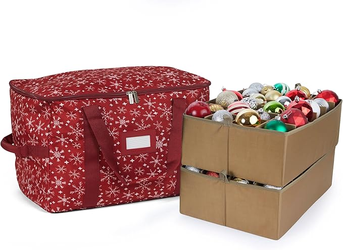 Covermates Keepsakes Adjustable Ornament Storage Bag – Heavy-Duty Polyester, Padded Dividers & FlexGrid Trays – Protective Holiday Ornament Organizer with Handles & Label Window, Red Snowflake
