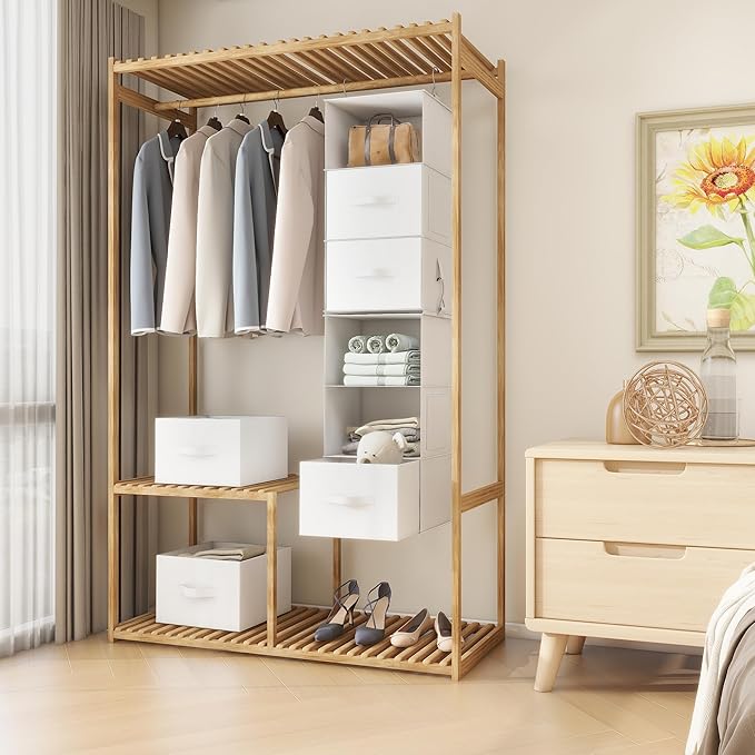 Twira 6-Shelf Hanging Closet Organizer, 2 Separable 3-Shelf Hanging Shelves, Hanging Storage with 3 Removanle Drawers 4 Side Pockets for Wardrobe, Nursery, Drom, Baby Clothes Organization White