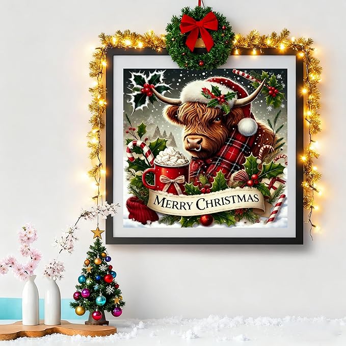 VIGEGU Christmas Diamond Art Kits for Adults,Winter Highland Cow Christmas Diamond Painting Kits for Beginners 5D Diamond Art,DIY Full Drill Round Gem Art Paintings for Home Wall Decor 13.7x13.7 in