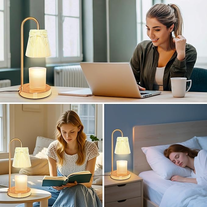 Cute Coquette Bow Candle Warmer Lamp, Dimmable Flannel Candle Warmer with Timer & 2Bulbs, Womens Gifts for Birthday, Unique Home Decor for Bedroom Holiday Aesthetic (Light Yellow/Candles not Included)