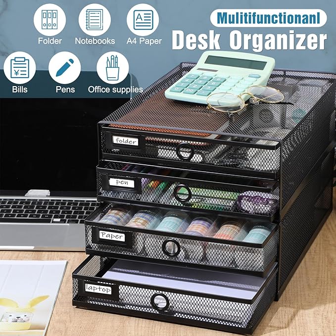 Zhanmai 2 Pack Black Desk Organizer with Drawer Total Wire Mesh Storage Tray Multifunctional Paper Sorter File Stand for Home Office Supplies Letter A4 Paper Office Accessories Back to School (2 Tier)