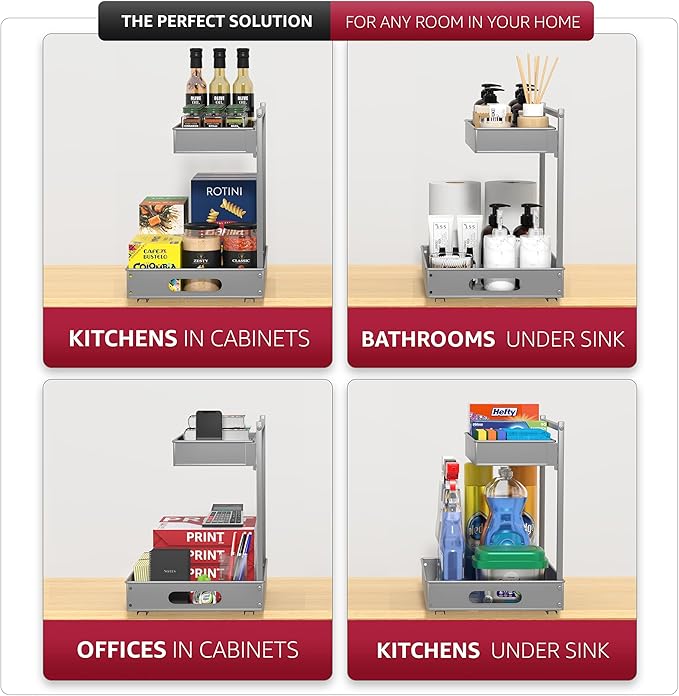 Sorbus Under Sink Organizer with Sliding Tracks – Pull Out Cabinet Organizer with Drawer & Installation Rails – Under Cabinet Bathroom Storage Organizer for Kitchen, Pantry, or Vanity –Silver 1 Pack