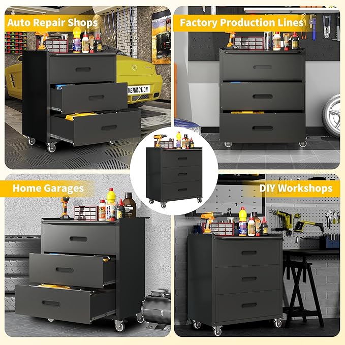 Garage Storage Cabinets with Wheels, Locking Metal Storage Cabinets with 3 Drawers, Easy Assembly Rolling Tool Cabinet for Garage, Basement,Warehouse