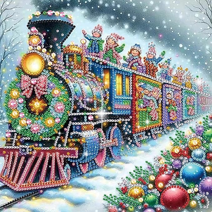 Xmas Train 5D Special Shape Diamond Art Kits for Beginners, Christmas Winter Theme Diamonds Painting Kits for Adults,DIY Crystal Rhinestones Diamond Paintings for Home Wall Decor 12×12Inch