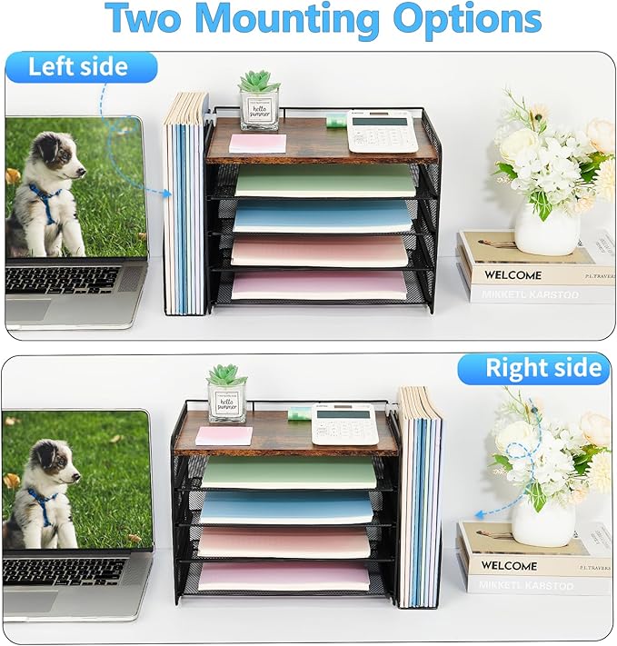 OPNICE Desk Organizer, 5-Tier Paper Organizer Letter Tray with Magazine Holder, Office Desk Accessories & Workspace Organizers, Desktop File Organizer for Office Supplies Storage, Wood
