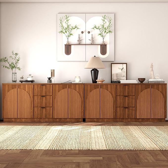 Brafab 67" Mid Century Modern Style Storage Sideboard with 4 Arched Reeded Design Doors and 3 Drawers with Adjustable Shelves, Suitable for Living Rooms, Studies and Dining Rooms (Walnut, 2 PCS)