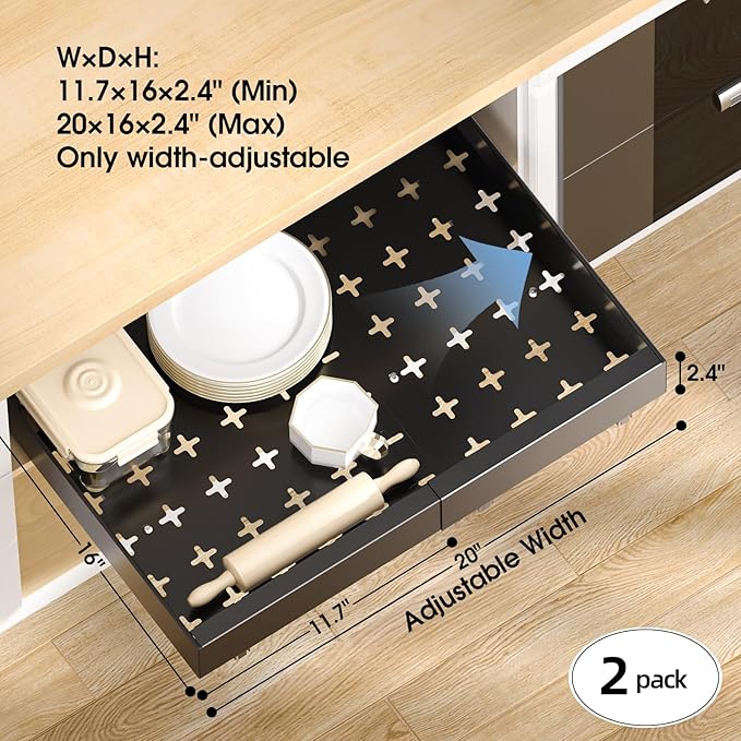 Delamu 16" Deep Pull Out Cabinet Organizer with 6 Dividers, Expandable (11.7 "-20" W) Pull Out Drawers for Cabinets, Cabinet Trays Pull Out for Cabinets in Kitchen, Pantry or Bathroom, Black, 2 Pack