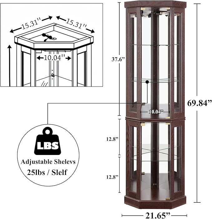 69" H Lighted Curio Cabinet Corner Display Case,Corner Glass Cabinet with Tempered Glass Door and Adjustable Shelves,Wooden Curio case with Mirrored Back Pane (Style 2 - Dark Cherry)