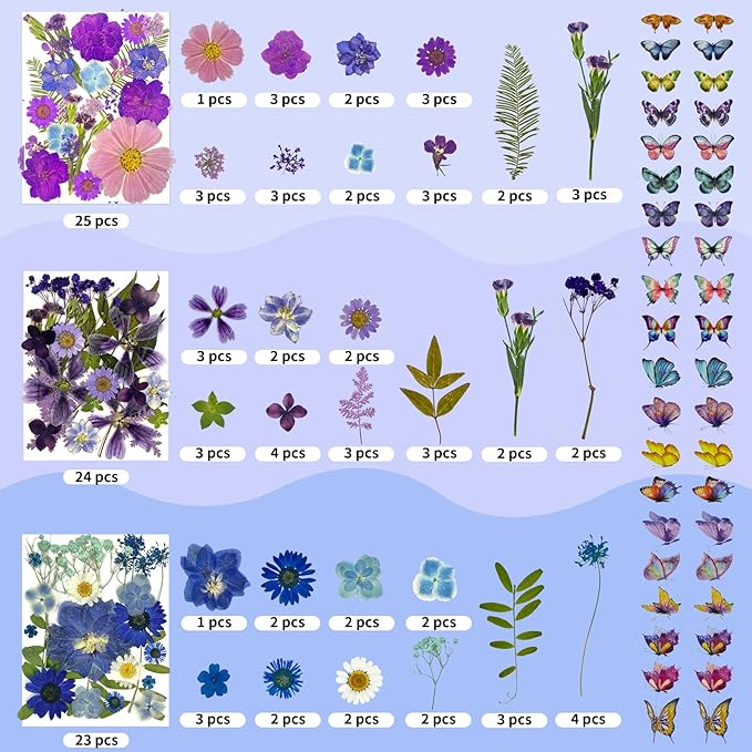 303Pcs Dried Pressed Flowers for Crafts, Dried Pressed Flowers for Resin, Natural Dried Flowers Kit with 80pcs Butterfly Stickers for DIY Resin Molds, Candles, Photo Frames, Jewelry Making, Art Crafts