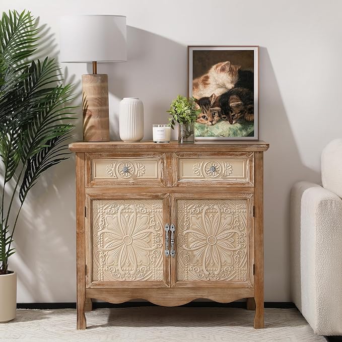 RoyalCraft Vintage Sideboard Buffet, Accent Cabinet with 2 Carved Doors and 2 Drawers, French Country Cabinets for Dining Room, Kitchen, Living Room, Hallway (Natural2, 16''D x 30''W x 30''H)