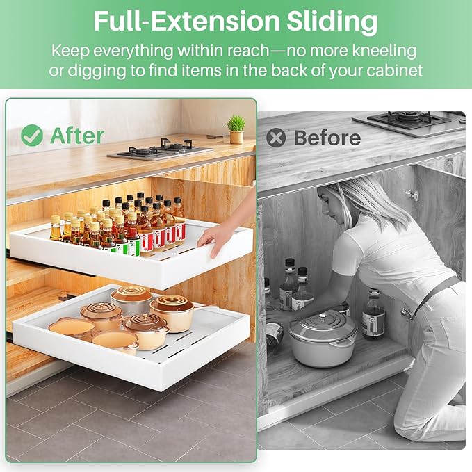 Pull out Cabinet Organizer, 21"Deep, 16.9"Wide Full-Extension Heavy Duty Slide out Drawers with Nano Adhesive, Roll Out Shelf Sliding Cabinet Storage for Kitchen, Bathroom, Pantry, Under Sink(White)