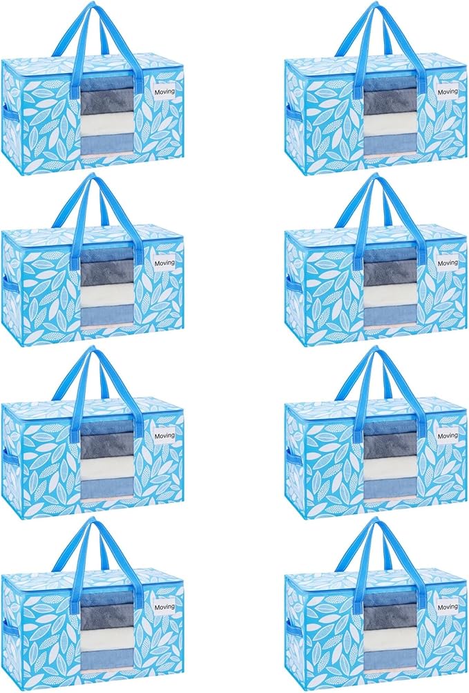 VENO 8 Pack Heavy Duty Moving Bags, Clothes and Comforter Storage Bags with Clear Window, College Dorm Essentials Packing Supplies, Foldable Boxes Alternative (Spring Breeze, 8 Pack)