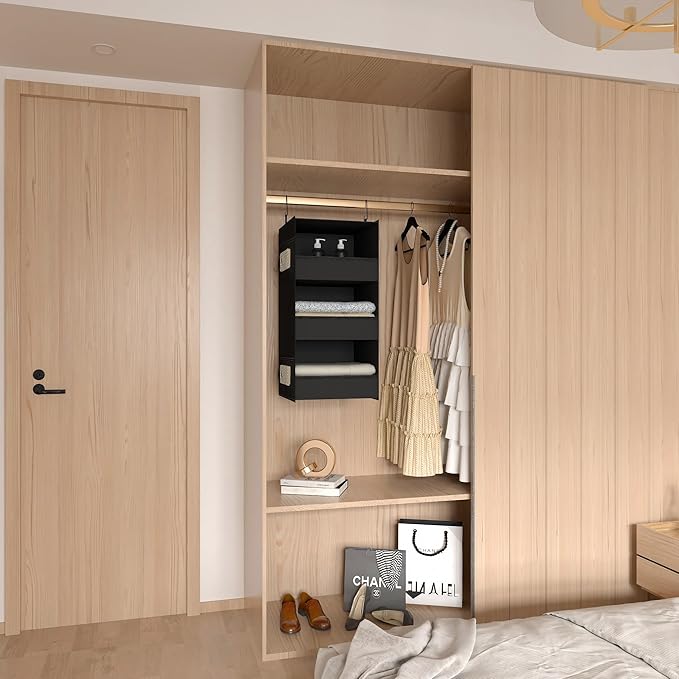 3-Shelf Hanging Closet Organizer and Storage, Foldable Hanging Closet Shelves Front Lip Design Washable Hanging Storage, Black