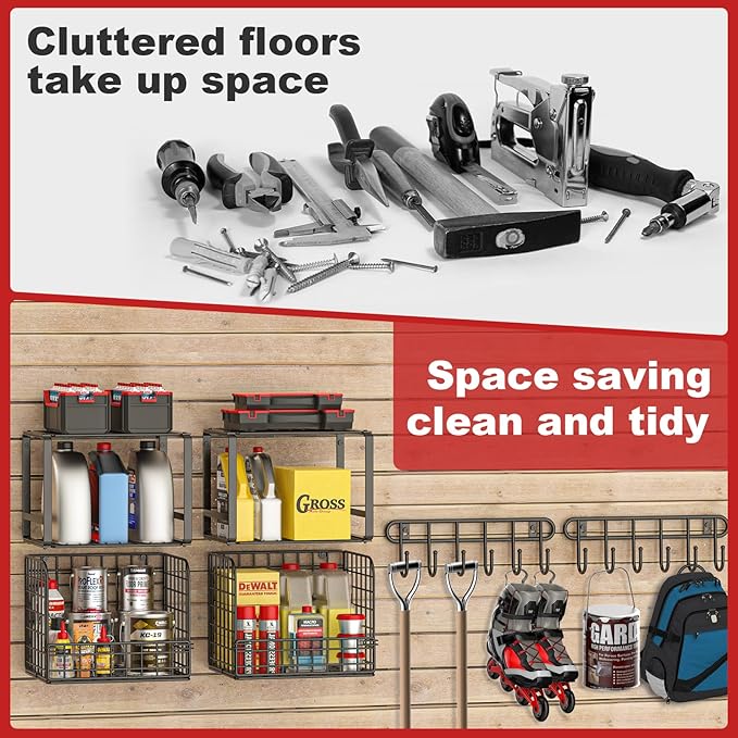 TomCare 2 Pack Garage Shelving Heavy Duty Garage Storage Shelves with Wire Baskets Laundry Room Shelves Wall Mounted shelving Tool Organizer for Shed Garden Kitchen Organization and Storage