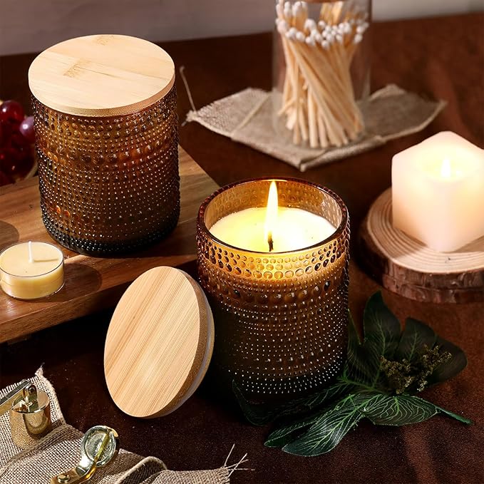 DEVI 14oz Amber Empry Glass Candle Jars for Making Candles (6 Pack), 3 Wick Candle Jars, Bulk Empty Candle Containers, Candle Tins Making Supplies for Gifts, Boho Cristmas Shelf Decor