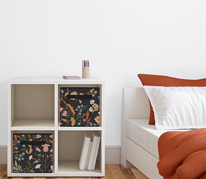 Sweet Jojo Designs Boho Wildflower Vintage Floral Girl Collapsible Fabric Storage Cubes Foldable Bins Organizer Boxes Kids Baby Childrens Toys Set of 2 Black Orange Teal Bohemian Farmhouse Cottagecore
