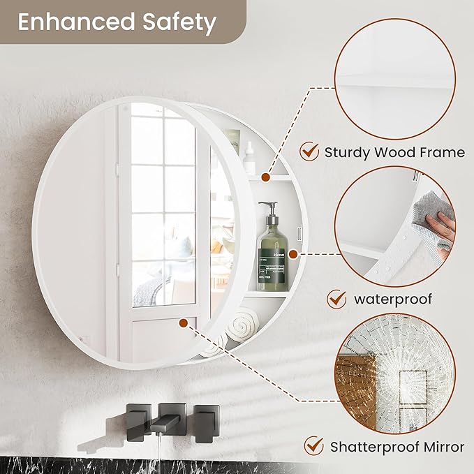 SUNWAVE 20 Inch Round Black Medicine Cabinet with Mirror, Modern Wall Mounted Vanity Cabinet for Bathroom, Circle Bathroom Mirror with Storage, Space-Saving Wood Cabinet (White, 20 Inch)