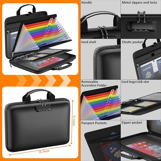 Fireproof File Organizer with Lock, Hard Case Fireproof Document Box with 13 Colorful Pockets Accordion File Folder, Important Document Organizer for Letter A4 Files Laptop Passports (Black)