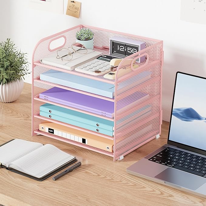 Cawukege 2 Pack 5 Tier Paper Organizer, Letter Tray with Handle, Mesh Desk Organizer, Metal File Organizer, Office Desk Accessories for Home, Office, Classroom, School -Pink
