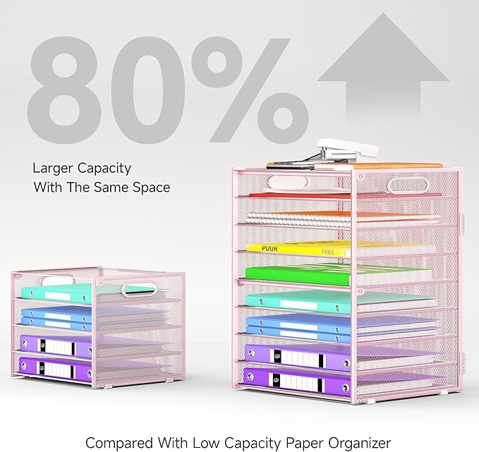 Cawukege 9 Tier Paper Organizer with Handle, Pink Large Capacity Desk Organizer Mesh File Folder Letter Paper Tray Desktop Document Sorter for Classroom, School, and Office Accessories Organization