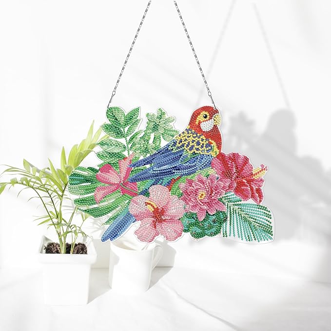 Parrot Diamond Art Hanging Signs with LED Light String DIY 5D Bird and Flowers Diamond Art Painting Wreath Hanging Pendant Special Shaped Gem by Number Mosaic Kits for Garden Front Door Spring Decor