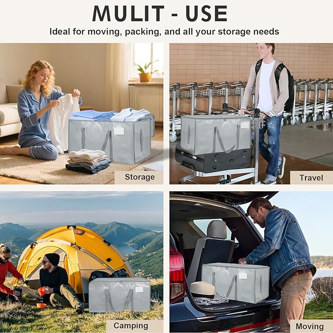 8 Pack-Extra Large Heavy Duty Moving Bags - Waterproof Storage Totes with Handles & Zippers, Foldable for College Dorm, Storage (light gray)